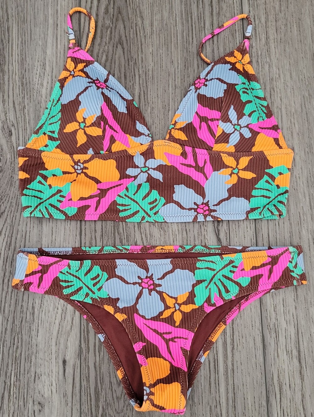 Rip Curl Bikini Tropical Floral Set in Brown, Pink, Mint & Orange